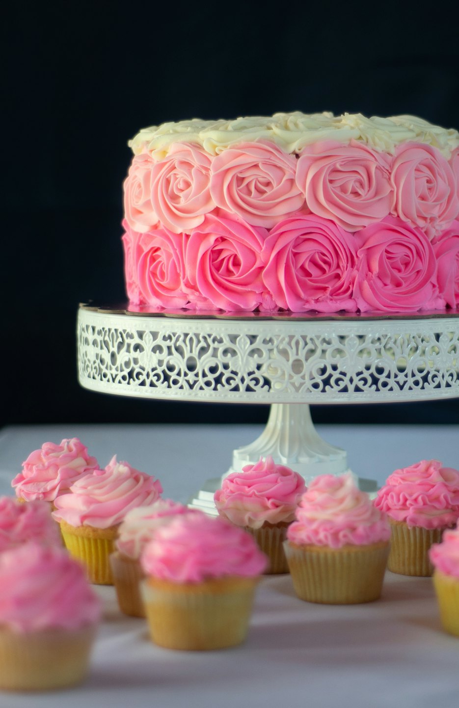 A decorated cake and matching cupcakes on a metal stand.